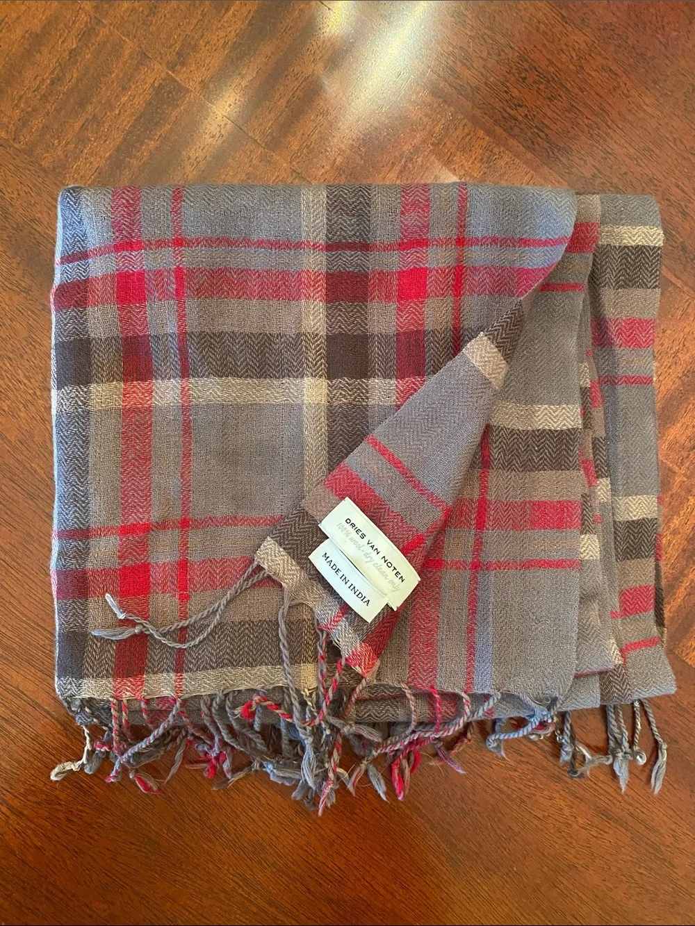 Dries Van Noten Gray Plaid Wool Scarf with Red Accents
